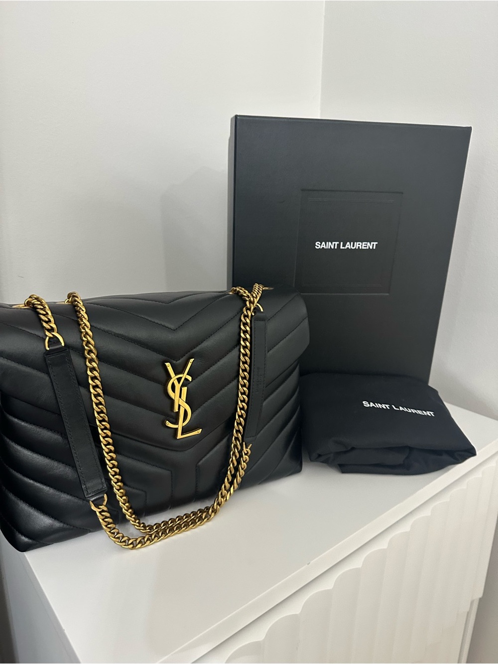 Saint Laurent Black Quilted Leather Shoulder Bag with Gold YSL Hardware